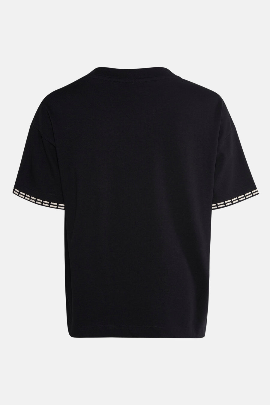 T-shirt noir à manches courtes de VILA®, avec des détails rayés blancs sur les bords des manches.