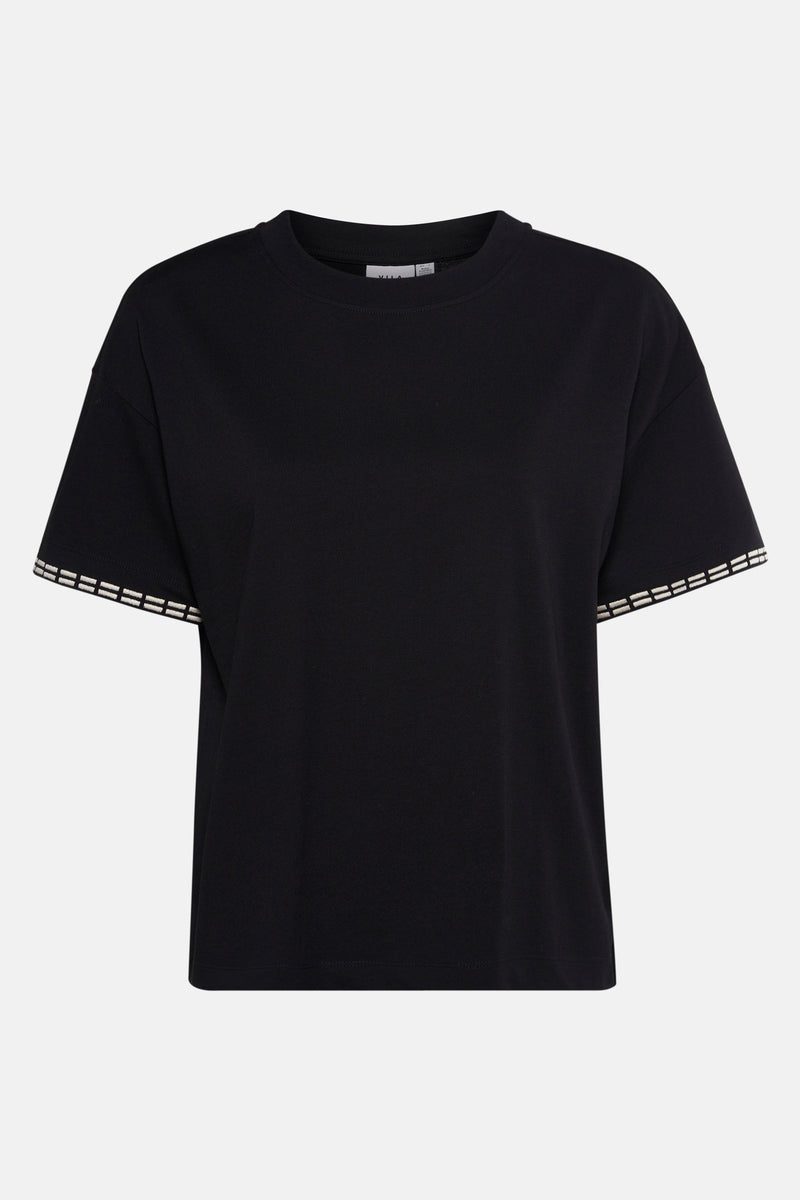 Zwart T-shirt met korte mouwen van VILA met decoratieve streepdetails op de mouwen.