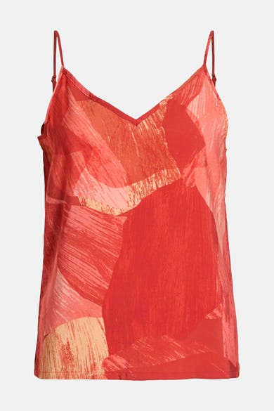 Multikleurig topje van VILA®, met dunne bandjes en een abstract rood en abrikooskleurig patroon.