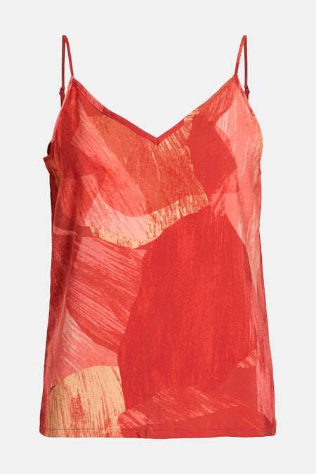 Multikleurig topje van VILA®, met dunne bandjes en een abstract rood en abrikooskleurig patroon.