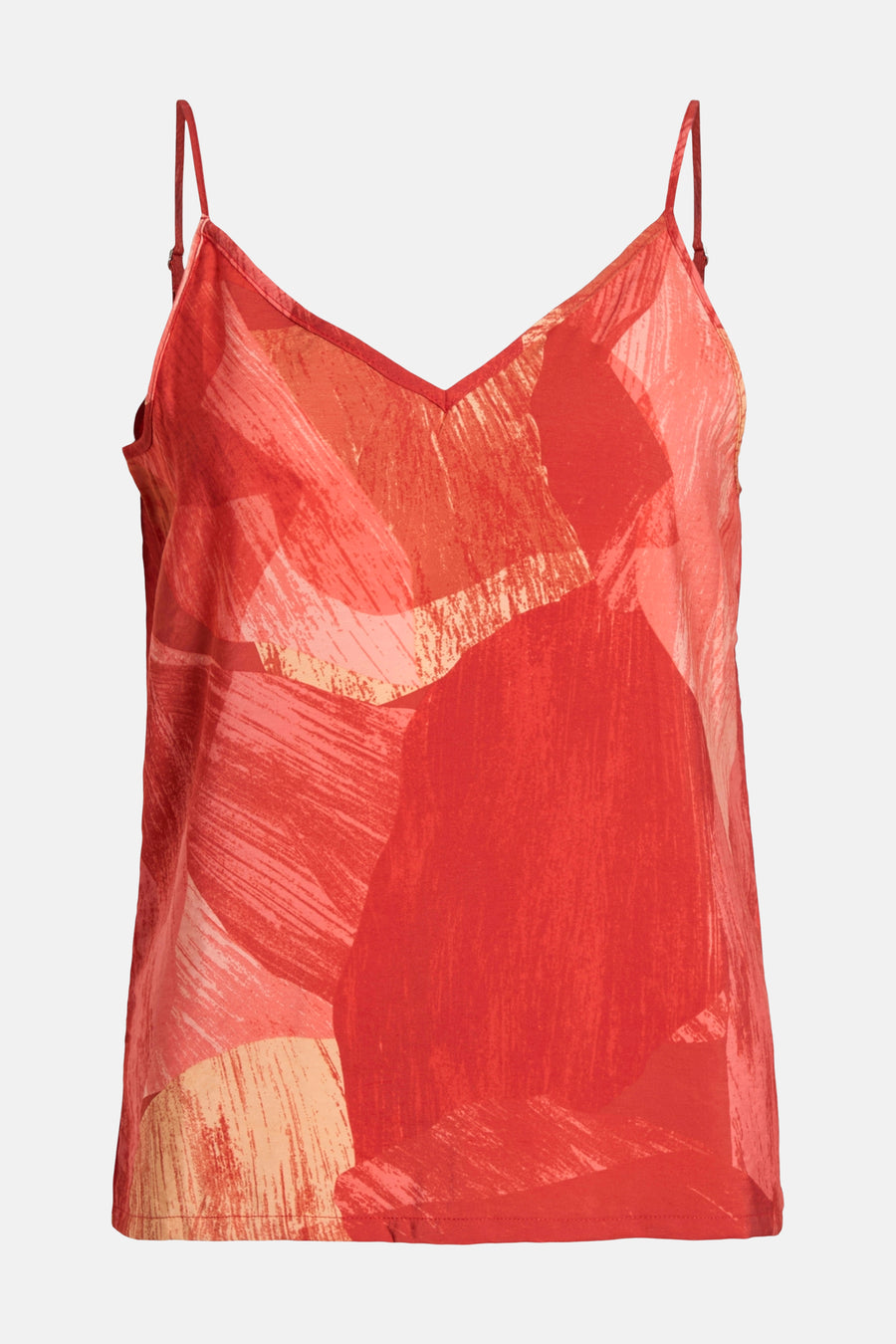 Multikleurig topje van VILA®, met dunne bandjes en een abstract rood en abrikooskleurig patroon.