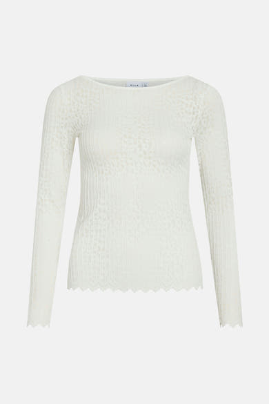 Wit T-shirt met lange mouwen van VILA, met bloemenkant en geschulpte rand.