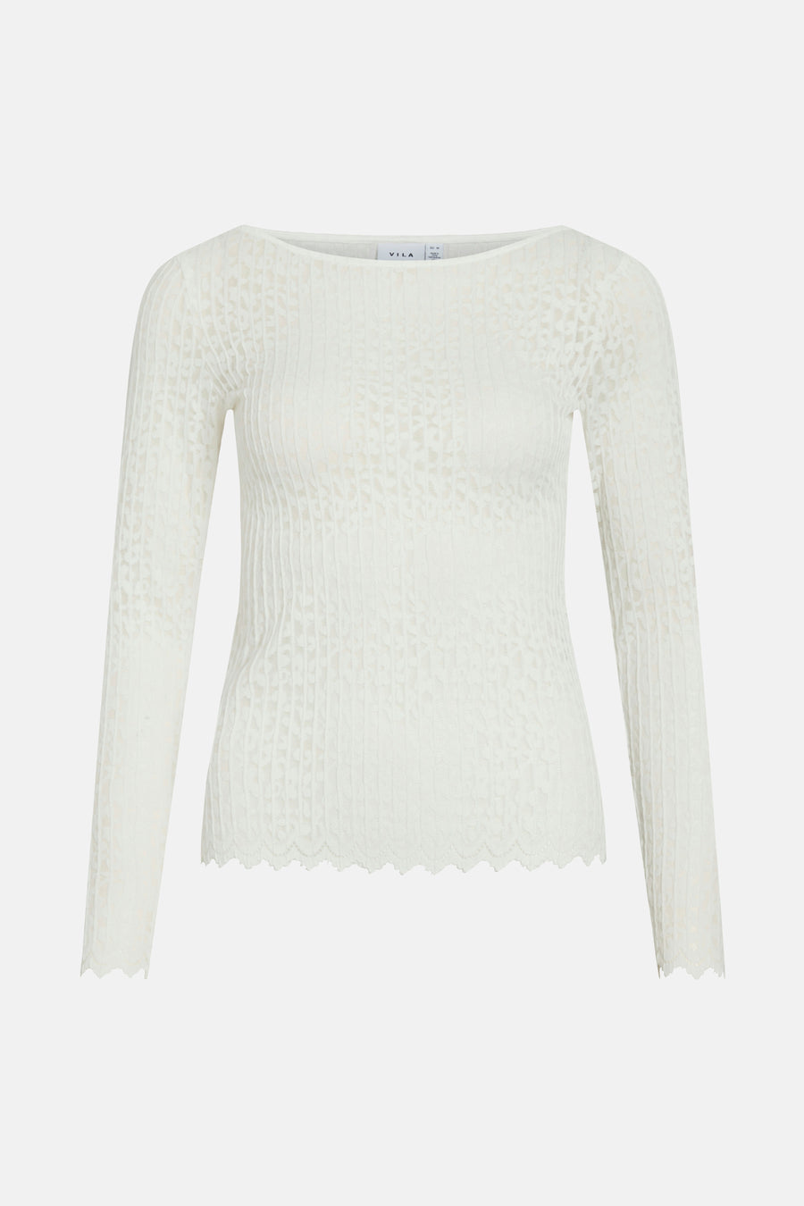 Wit T-shirt met lange mouwen van VILA, met bloemenkant en geschulpte rand.