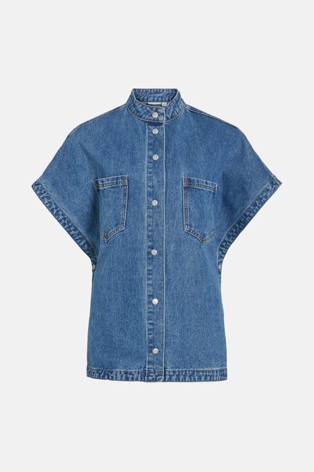 Middelblauwe spijkerblouse van VILA, met korte mouwen en een rugpas.