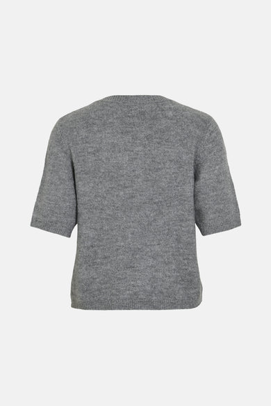Grijze bodywarmer van VILA, met korte mouwen en een zachte textuur, gepresenteerd op een effen achtergrond.
