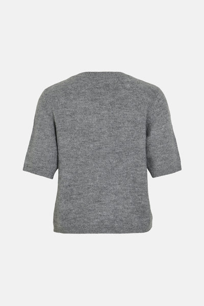 Grijze bodywarmer van VILA, met korte mouwen en een zachte textuur, gepresenteerd op een effen achtergrond.