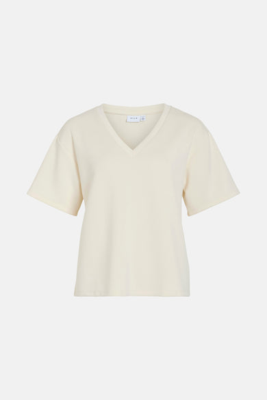 Beige T-shirt met korte mouwen van VILA, met een V-hals.