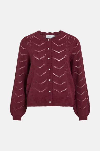 Bordeaux gebreid vest met ajourpatroon van VILA, met knoopsluiting met parels en pofmouwen.
