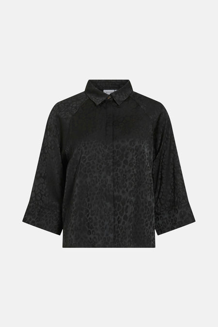 Zwarte blouse met driekwartmouwen van VILA®, toon-op-toon luipaardprint, achterzijde.