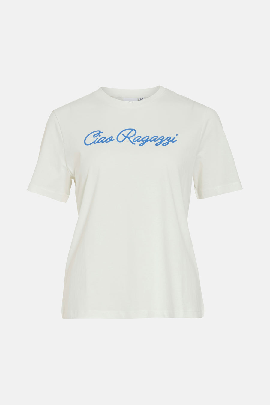 Wit T-shirt met korte mouwen van VILA, met de blauwe tekst "Ciao Ragazzi" op de voorkant.