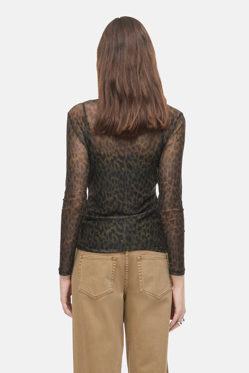 Multicolored long-sleeve sheer top with leopard print, back view, paired with tan pants