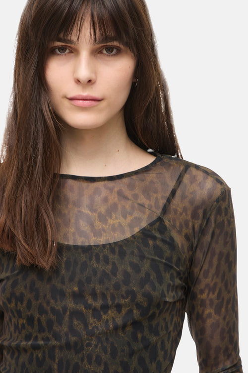 Multicolored long-sleeve t-shirt with leopard print and sheer mesh overlay, cropped front view
