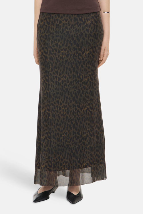 Multicolored leopard-print maxi skirt with sheer overlay hem, front view, worn with brown top and black heels