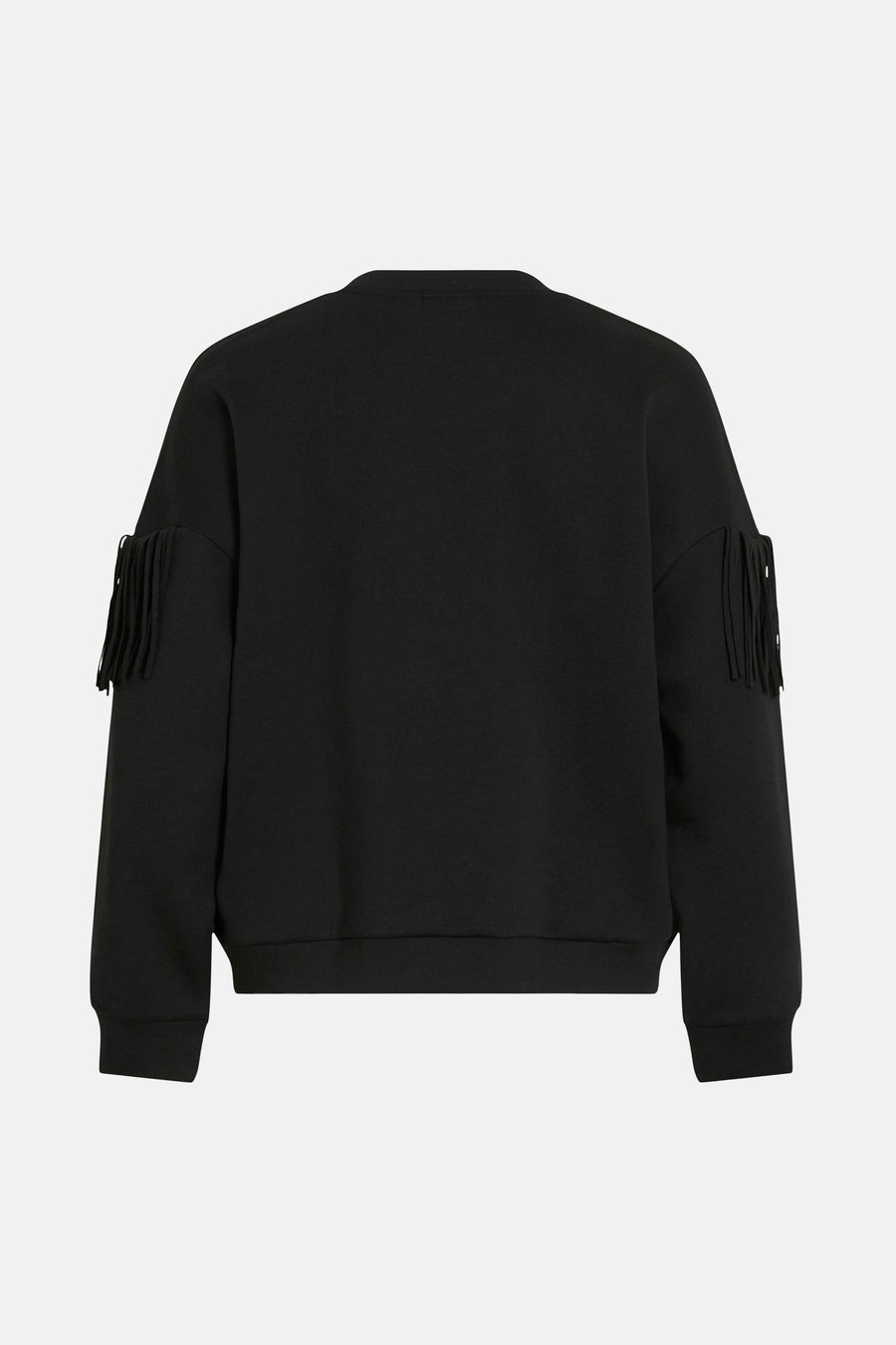 Zwarte rondehals sweatshirt van VILA, met decoratieve franjes op de schouders, achteraanzicht.