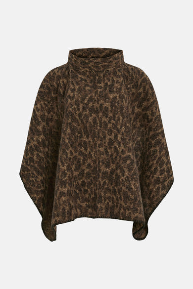 Poncho marron en tricot, de Vila, avec motif léopard et col montant.
