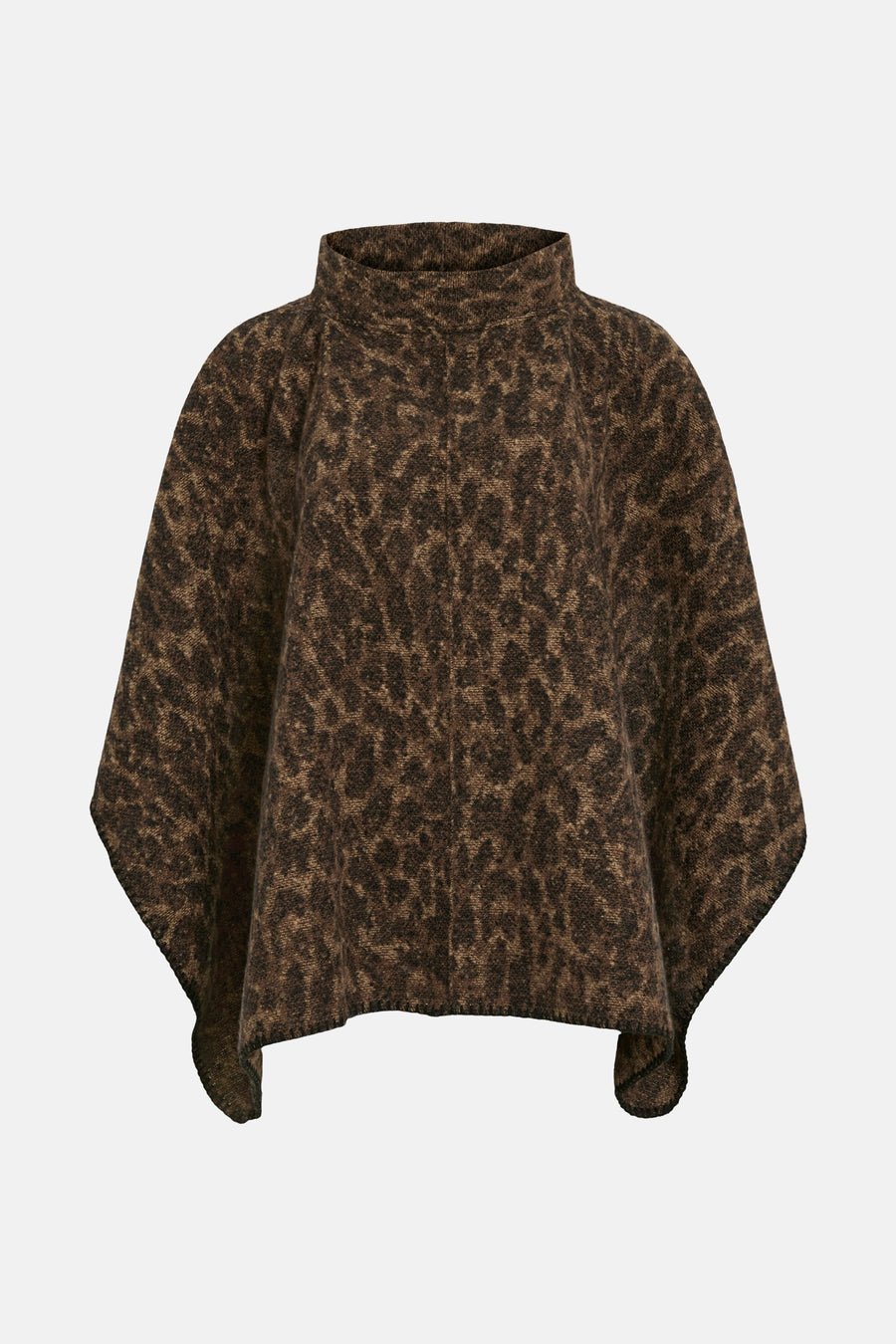 Poncho marron en tricot, de Vila, avec motif léopard et col montant.
