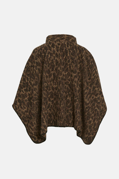 Poncho marron à motifs animaliers par VILA®, avec col montant et bordure foncée.