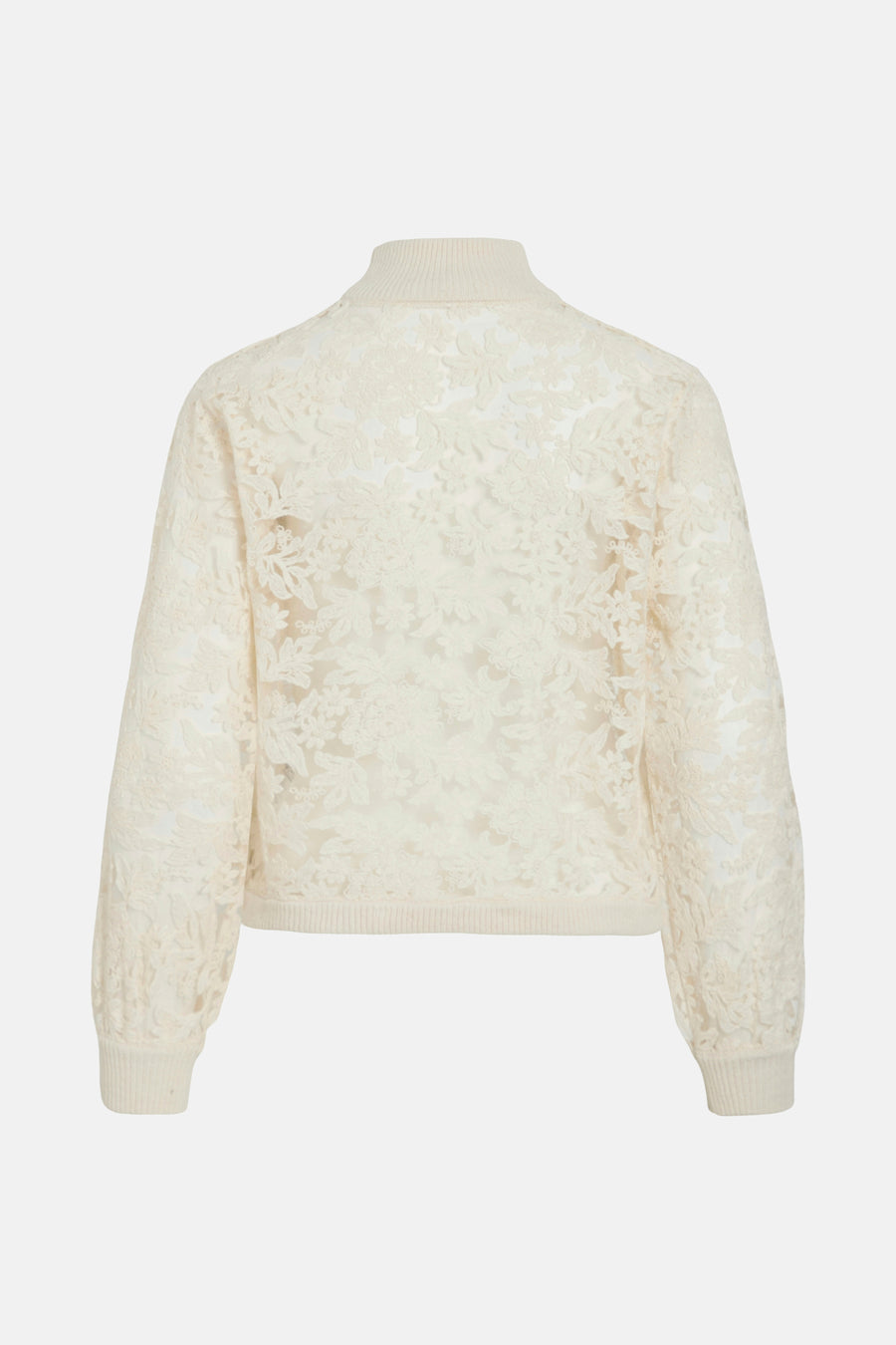 Beige coltrui van VILA, met bloemenpatroon van kant op een licht doorschijnende achtergrond.