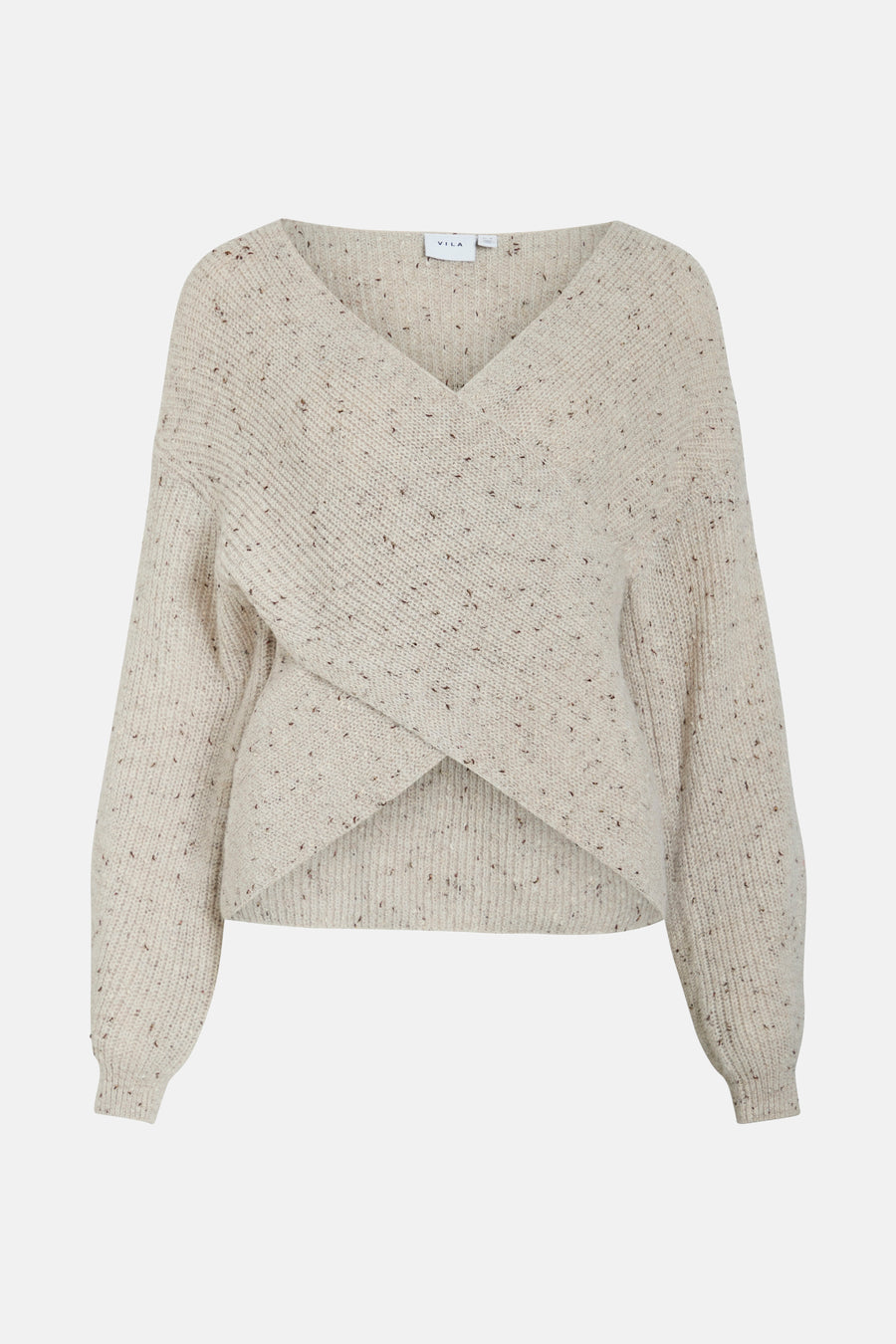 Beige gebreide trui van VILA®, getextureerd met bruine spikkels, lange mouwen en een relaxte pasvorm.