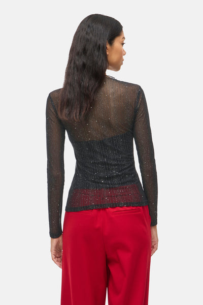 Zwarte lange mouw T-shirt van VILA, met schitterende paillettes op een doorzichtige stof.