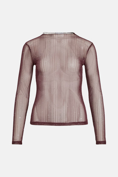 Bordeaux T-shirt met lange mouwen van VILA®, in doorschijnende gestreepte stof met glitterdetails.