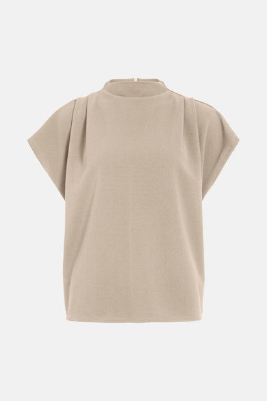 Beige blouse met korte mouwen van VILA, met opstaande kraag en gestructureerde plooien op de schouders.
