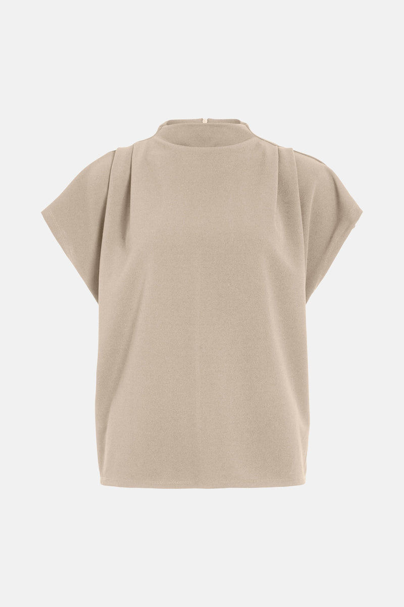 Beige blouse met korte mouwen van VILA, met opstaande kraag en gestructureerde plooien op de schouders.