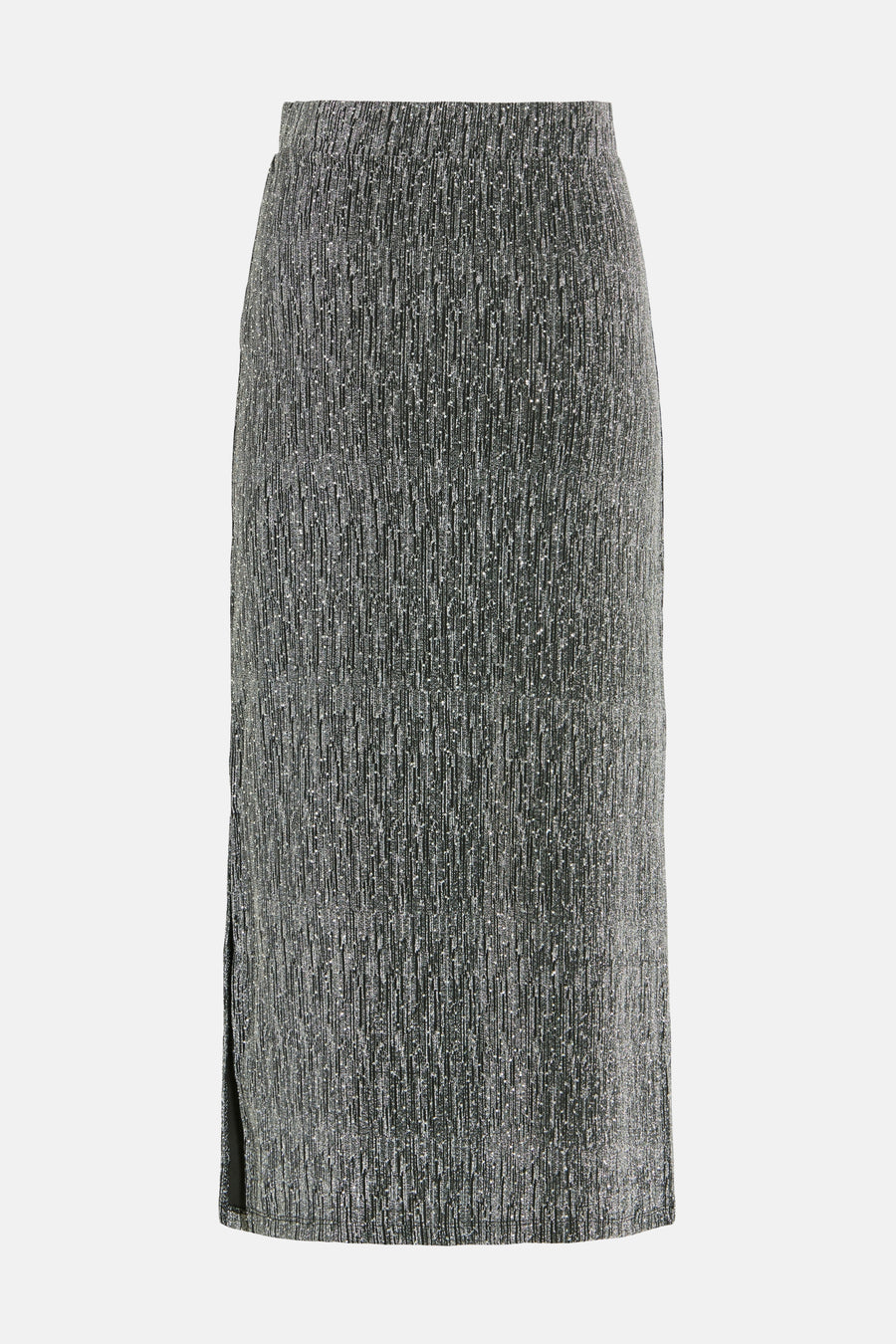 Zilveren lange rok van VILA®, met een glinsterende textuur en een subtiele split aan de zijkant.