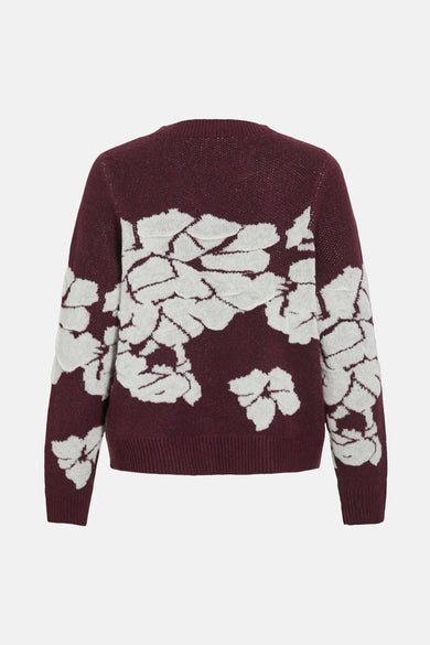 Pull bordeaux à col rond de VILA®, avec un motif floral blanc sur le dos et les manches longues.