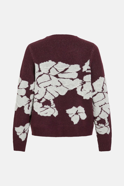 Pull bordeaux à col rond de VILA®, avec un motif floral blanc sur le dos et les manches longues.