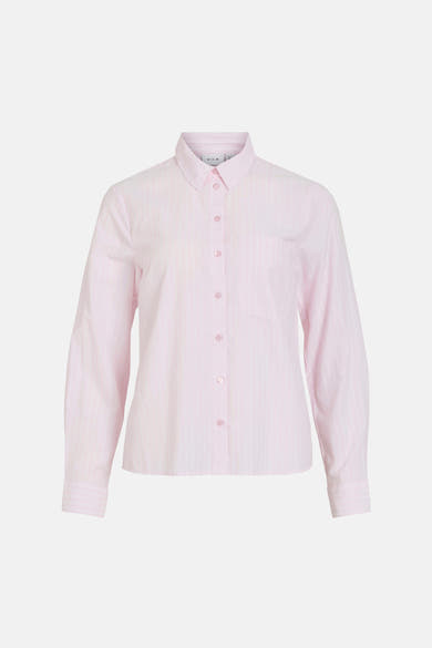 Chemise rose à manches longues de VILA®, rayures verticales blanches et poche poitrine.
