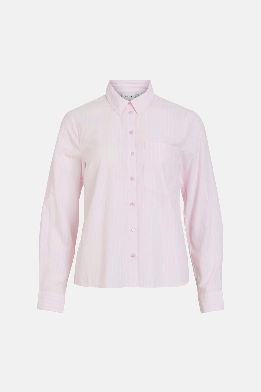 Chemise rose à manches longues de VILA®, rayures verticales blanches et poche poitrine.