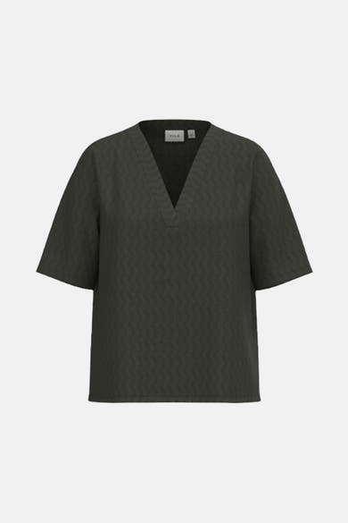Blouse verte à manches courtes de VILA, avec un col en V et une texture subtile.
