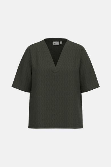 Groen T-shirt met korte mouwen van VILA®, met kanten details op de rug en een getextureerd patroon.