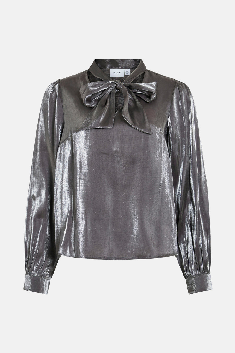 Zilveren blouse met lange mouwen van VILA, versierd met een decoratieve strik bij de kraag.