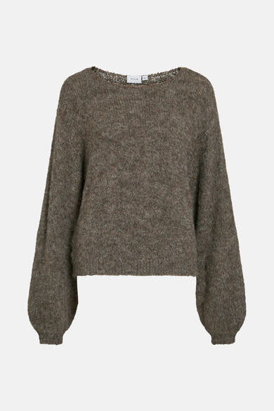 Pull marron par VILA, avec une texture tricotée et des manches longues bouffantes.