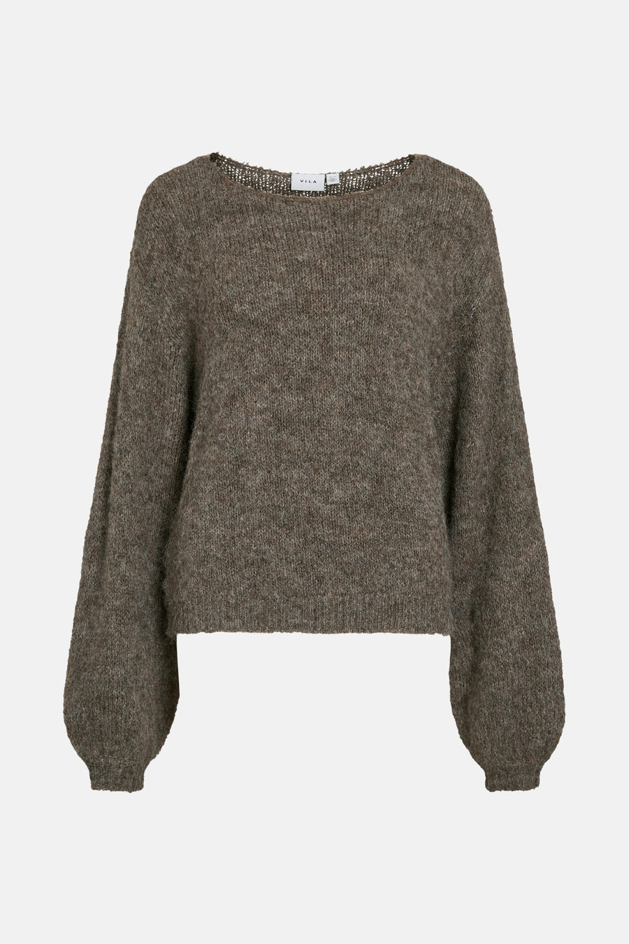 Pull marron par VILA, avec une texture tricotée et des manches longues bouffantes.