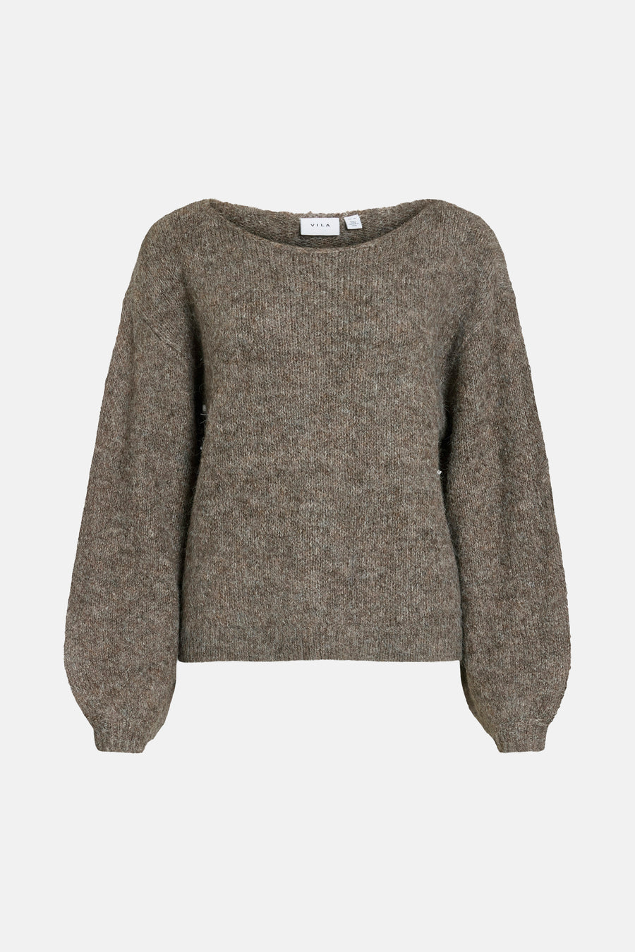 Pull marron en maille de VILA, avec manches bouffantes et texture douce.
