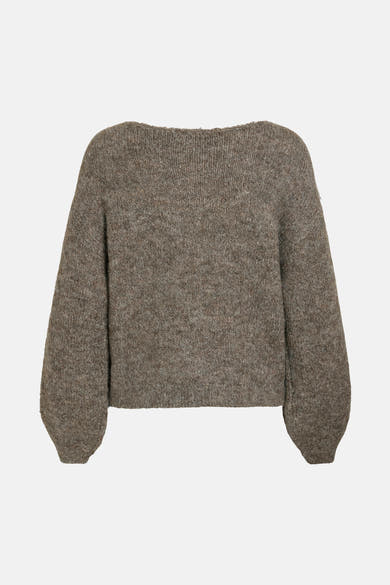 Pull marron clair de VILA, en maille texturée avec une encolure bateau et des manches bouffantes.