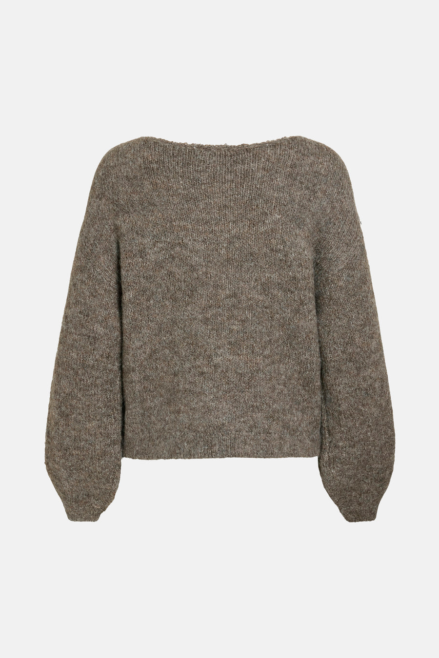 Pull marron clair de VILA, en maille texturée avec une encolure bateau et des manches bouffantes.