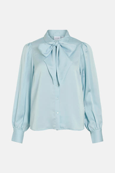 Blauwe blouse met lange mouwen van VILA, met een decoratieve strik bij de kraag en knopen aan de voorkant.