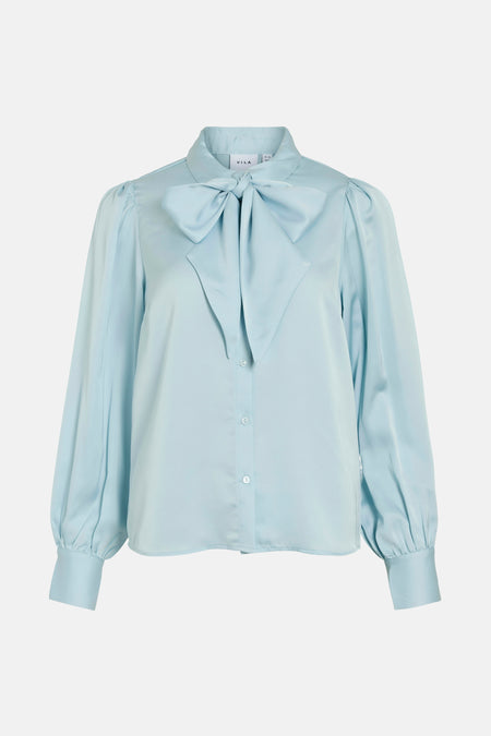 Blauwe blouse met lange mouwen van VILA, met een decoratieve strik bij de kraag en knopen aan de voorkant.