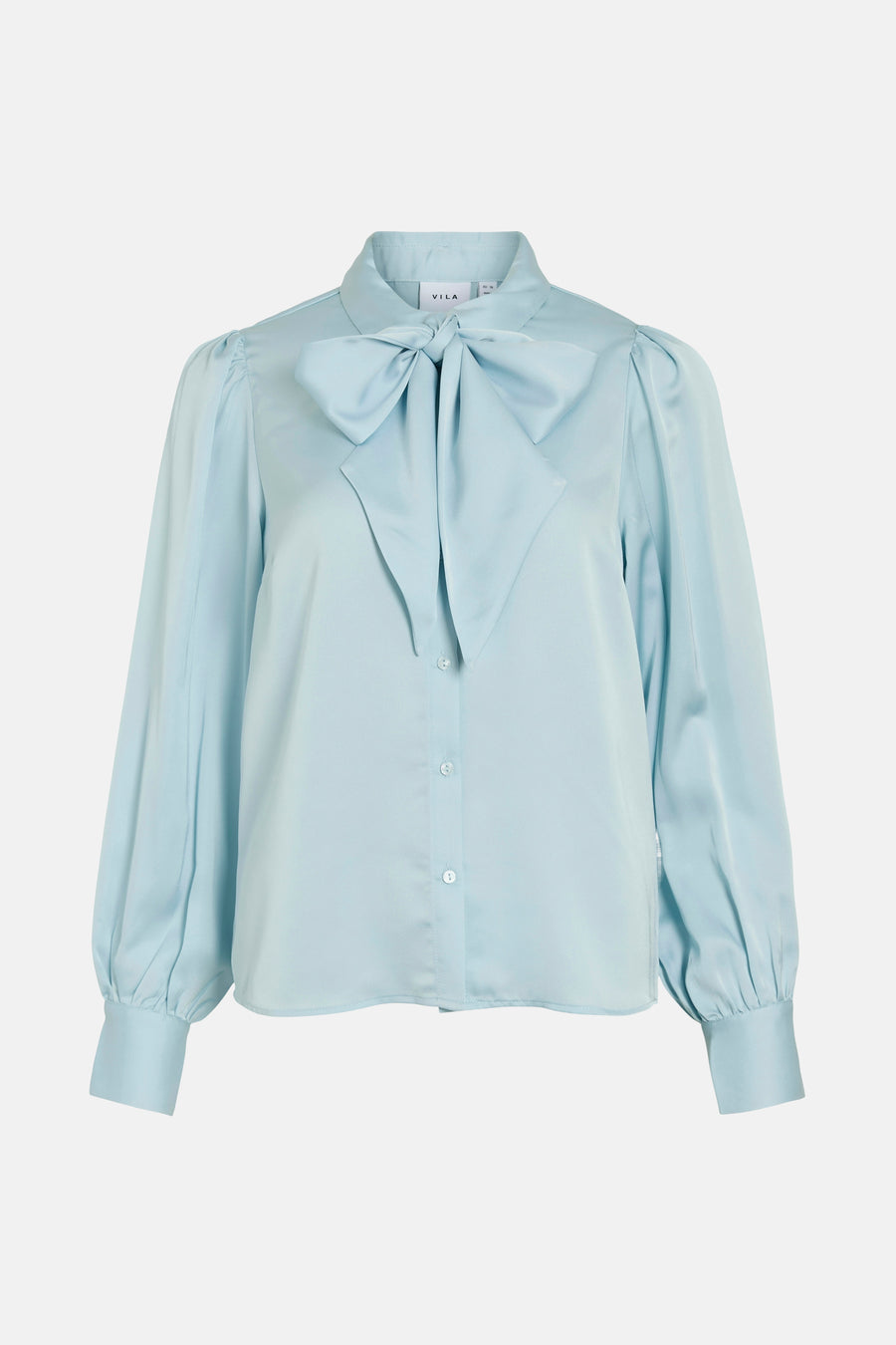 Blauwe blouse met lange mouwen van VILA, met een decoratieve strik bij de kraag en knopen aan de voorkant.