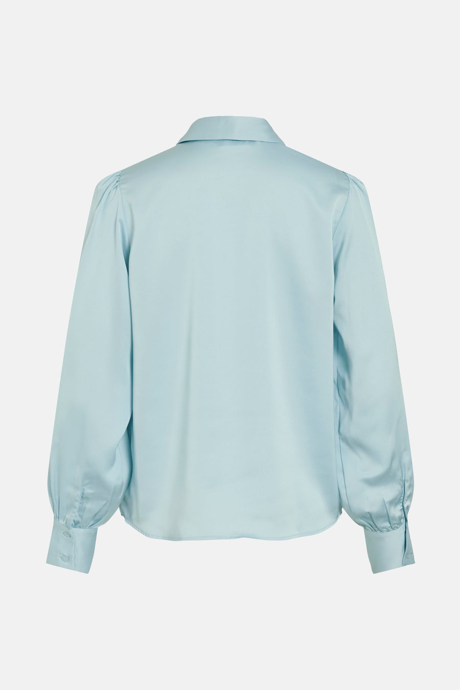 Blauwe blouse met lange mouwen van VILA, van achteren gezien, met een klassieke kraag en knoopmanchetten.