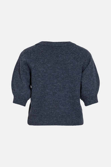 Pull à col rond bleu de VILA®, manches bouffantes courtes en maille texturée.