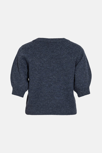 Pull à col rond bleu de VILA®, manches bouffantes courtes en maille texturée.