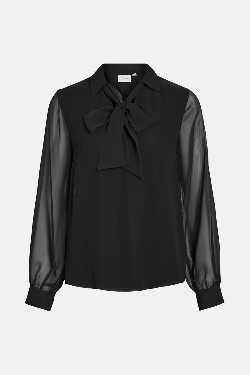 Zwarte blouse met lange mouwen van VILA, met een decoratieve strikkraag en doorschijnende mouwen.