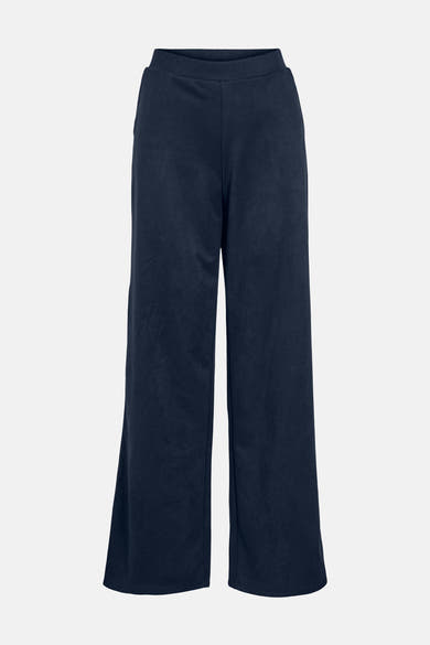 Wijdvallende blauwe broek van VILA, palazzo-model en zachte textuur.