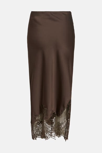 Bruine 3/4 rok van VILA® met ingewikkeld kantdetail aan de onderkant.