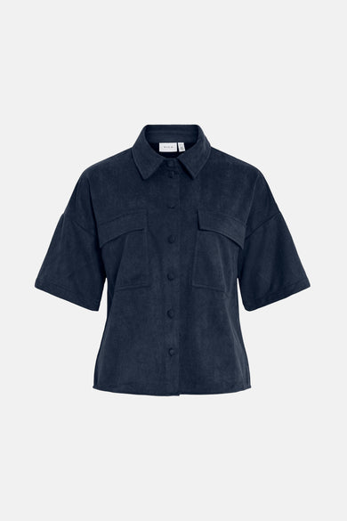 Blauw overhemd met korte mouwen van VILA, met opgestikte zakken en een zachte textuur.